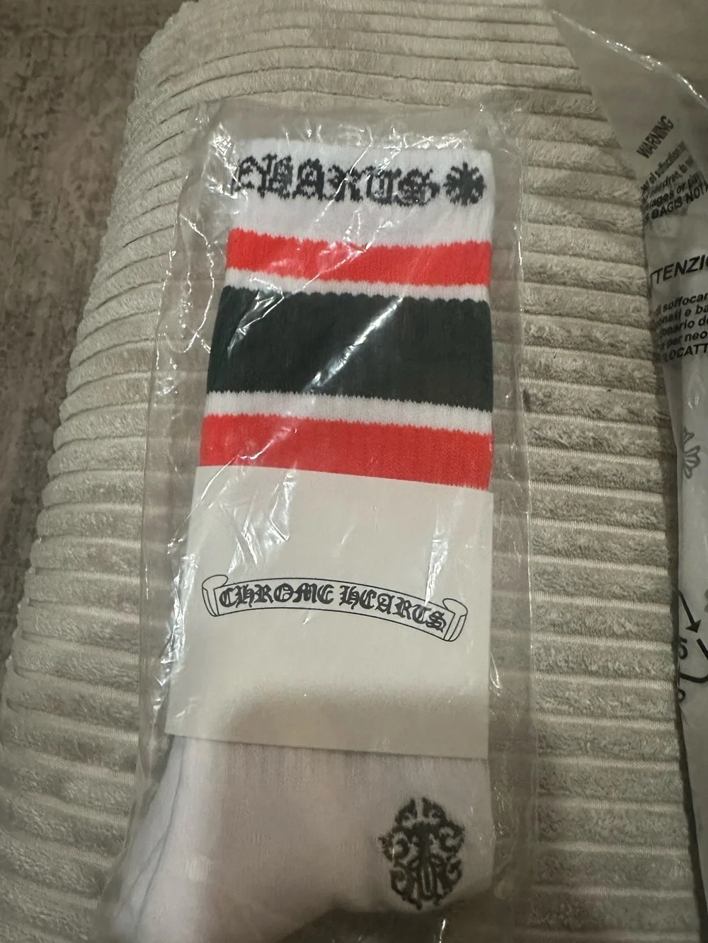 Chrome Hearts White Crew Socks with Red & Black Stripe Accents